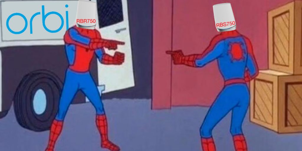 Spiderman pointing at each other meme, only Spiderman has an Orbi router for a head. The Police paddy wagon has the Orbi logo on it.